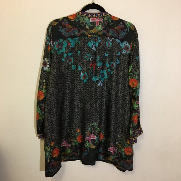 Johnny Was Kennedy Silk Embroidered Tunic Top Blouse Dragons Floral Artsy (IB) - Picture 13 of 16